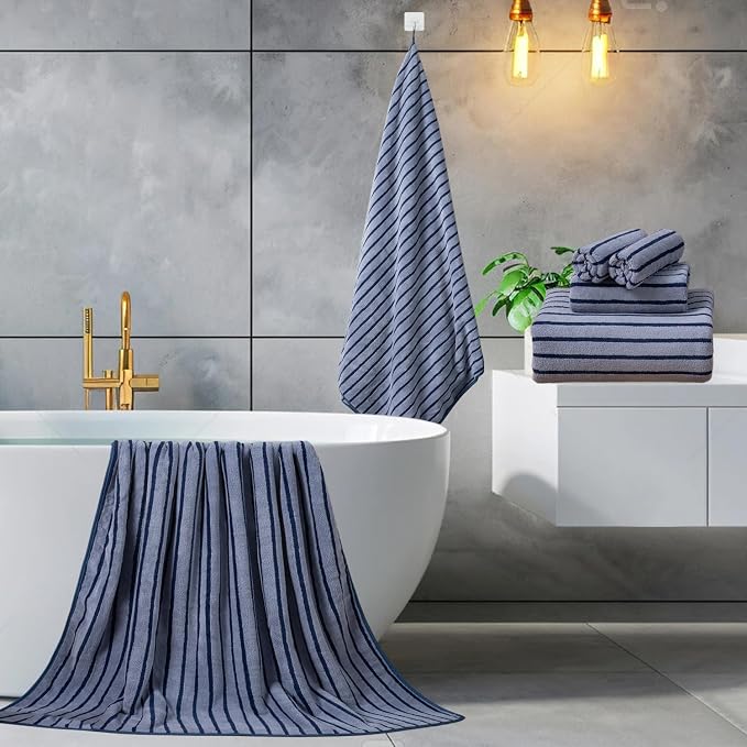 Mistyrose Bath Towels,4 Pack Navy Stripe 35"x70" Large Bath Towels Microfiber Absorbent XL Bath Sheets Super Soft Towels for Bathroom Quick Dry Oversized Shower Towels for Family Hotel Spa Gym - Image 3