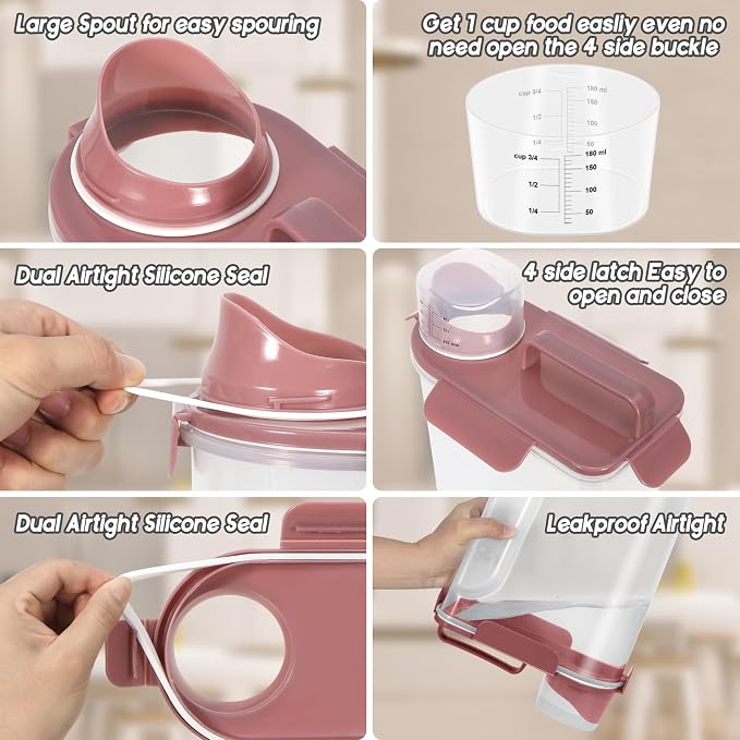 LEAWALK 5-7Lbs Airtight Pet Storage Container For Cat Dog Bird Food and Keep Fresh, Translucent Body, Upgraded Large Nozzle for Easy Pouring With Handle Design Easy to Carry When Going Out-Pink - Image 4