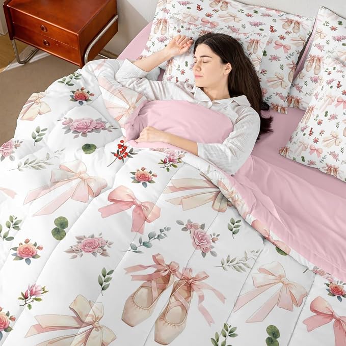 Feelyou Pink Flower 7 Piece Bedding Set Exquisite Dance Shoes Comforter Set with Sheets for Kids Boys Girls Gentle Bow Bed in a Bag Princess Style Bed Set Soft Lightweight - Image 7