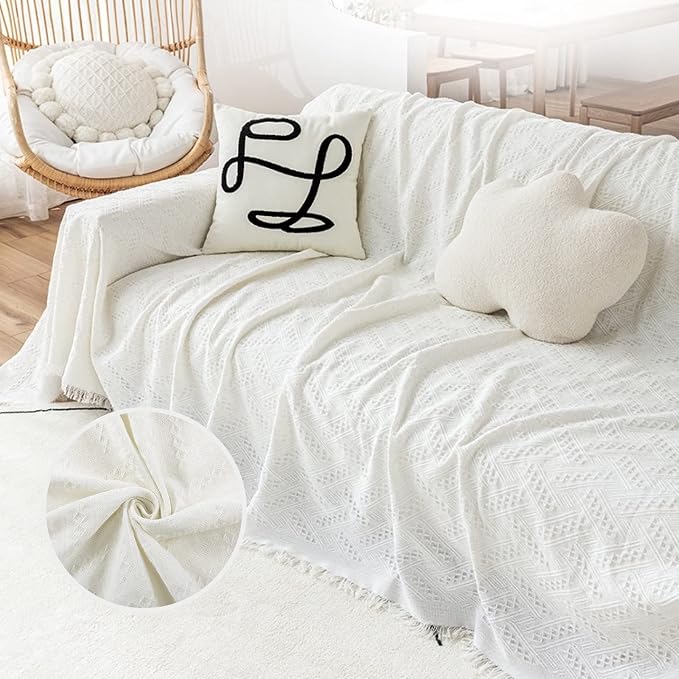 Homcosan Sofa Slipcovers Towel Cover Cotton Knit Geometrical Couch Cover for 2-3 Seat Cushion Couch Furniture Pet Protector Stylish Throws for Sectional Couch(White,71''x118'') - Image 2