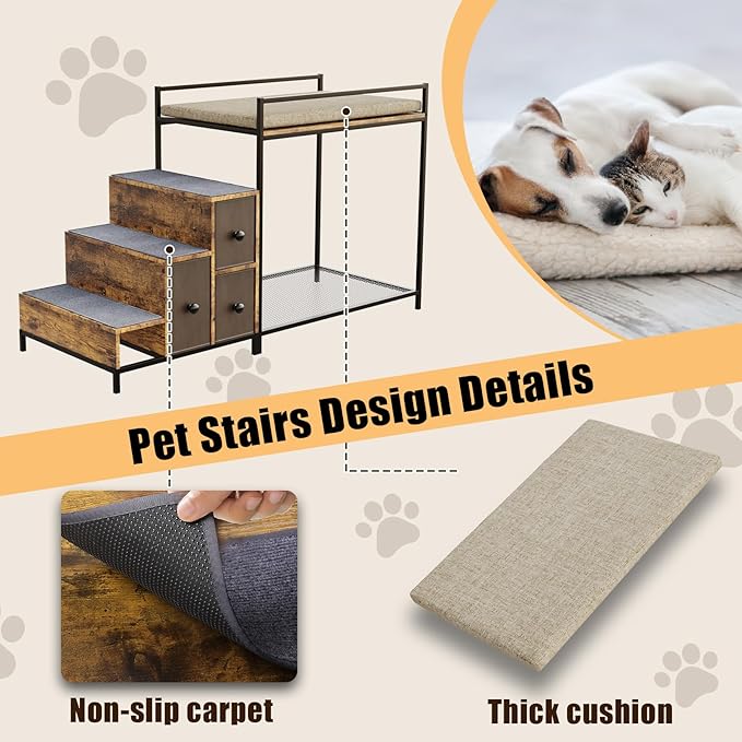 LEMBERI Pet Bunk Bed with Stairs and Storage, Dogs/Cats Window Perch, Bedside Lounge Elevated Dog Bed Multi-Level Platform with Foam Upholstery (Brown)