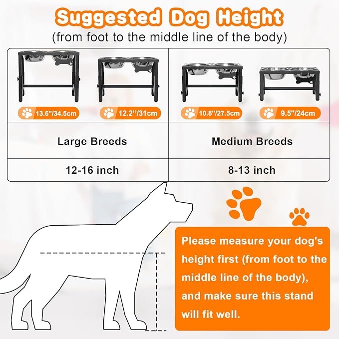 Elevated Dog Bowls, 4 Height Adjustable Metal Raised Bowl Stand with 2 Thick Stainless Steel Food Bowls & Spill-Proof Mat, Adjusts to 13.6'', 12.2'', 10.9'', 9.5'' for Large/Medium Breeds - Image 8