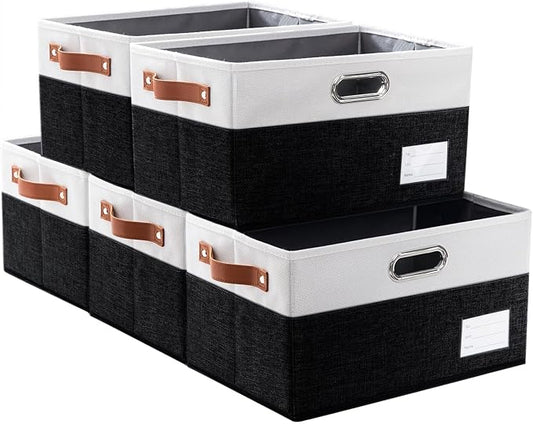 PRANDOM Larger Foldable Storage Bins with Handles [5-Pack] Fabric Collapsible Storage Boxes Baskets Cubes Containers with Handles for Closet Living Room Bedroom (Black & White 17.3x12.2x10.4'') by Prandom