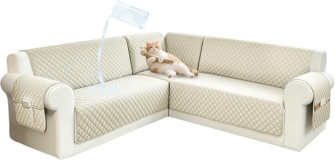 Sectional Couch Covers for Dogs 100% Waterproof Corner L Shaped Sofa Cover Pet Friendly Velvet Washable Anti Slip L Shape Modular Sofa Slipcover Protector with Pockets (Cream, XX-Large) by SYJOVIA