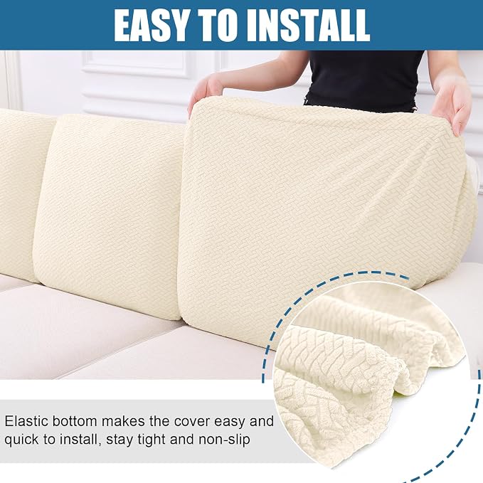 Smiry Waterproof Couch Cushion Covers, Non Slip Seat Cushion Covers | Stretch Jacquard Chaise Lounge Sofa Slipcover, Washable Elastic Furniture Protector for Pets, Back Cover L, Biege - Image 4