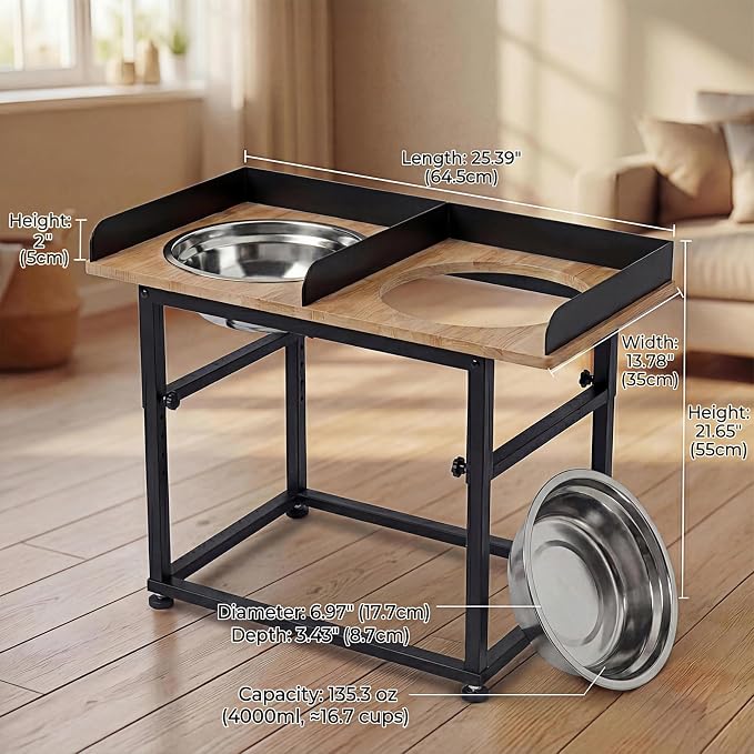 Wooden Elevated Dog Bowls, 5 Heights Adjustable 16.1-21.7" for Large Senior Dogs, Splash-Proof Guard Sturdy Iron Base,2×4L 304 Stainless Steel Bowls, Reduces Joint Pain, Non-Slip Feet - Image 7