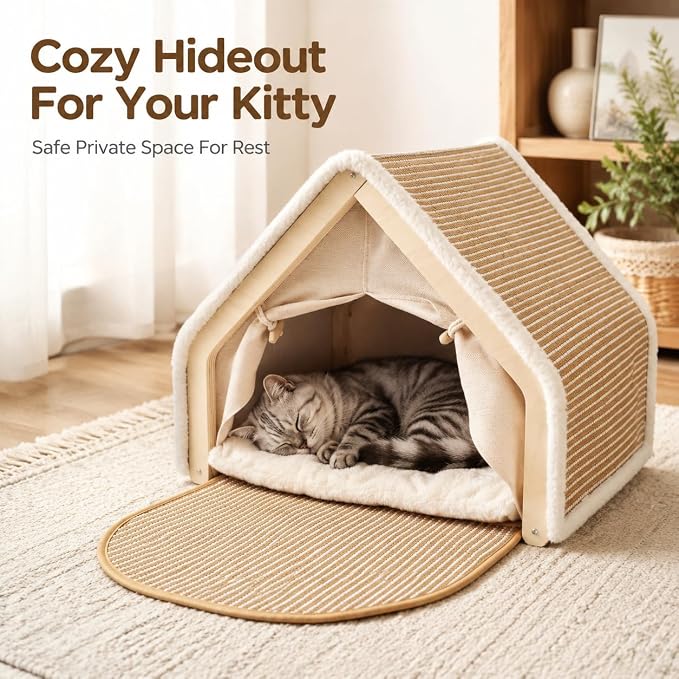 Large Wood Cat House for Indoor Cats - Cute Cat Tent Bed & Hideaway with Scratcher, Sturdy Wooden Cat Apartment & Fort for Sleeping and Playing - Image 2