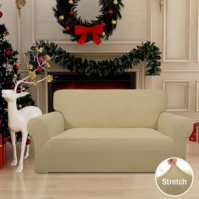 Easy-Going Stretch Loveseat Couch Covers Washable Beige | 1-Piece Loveseat Covers for 2 Cushion Couch Furniture Protector RV Sofa Slipcover Soft with Bottom for Kids Pets - Image 2