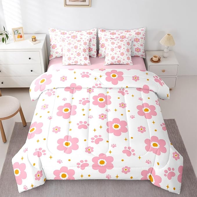 Feelyou Pink Flower 7 Piece Bedding Set Cute Dog Paw Print Comforter Set with Sheets for Kids Boys Girls Star Print Bed in a Bag Kawaii Bed Set Soft Lightweight by Feelyou
