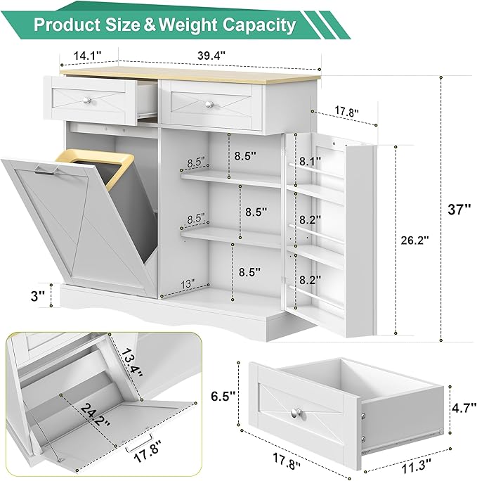 kepptory 37" High Dog Feeding Station with Storage Drawer, Pet Organizers and Storage Adjustable Shelf, Dog Feeder Station, Pet Storage Cabinet for Cats and Dogs (White) - Image 2