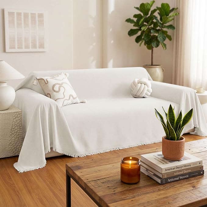 Chenille Couch Cover for Dogs, Boho Sofa Cover Washable Couch Cover, 3 Cushion Sofa Cover, Pet Throw Blankets for Couches with Tassel Furniture Protector Covers,71"×134",Beige White - Image 2