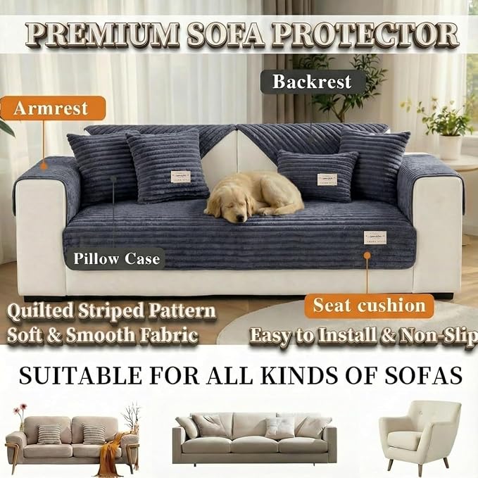 Couch Cover for Dogs, Washable Non Slip Sofa Cover for 3 Cushion Couch, Thick Corduroy Couch Protector, Pet Friendly Furniture Slipcover for Cats Dogs, Light Gray - Image 7