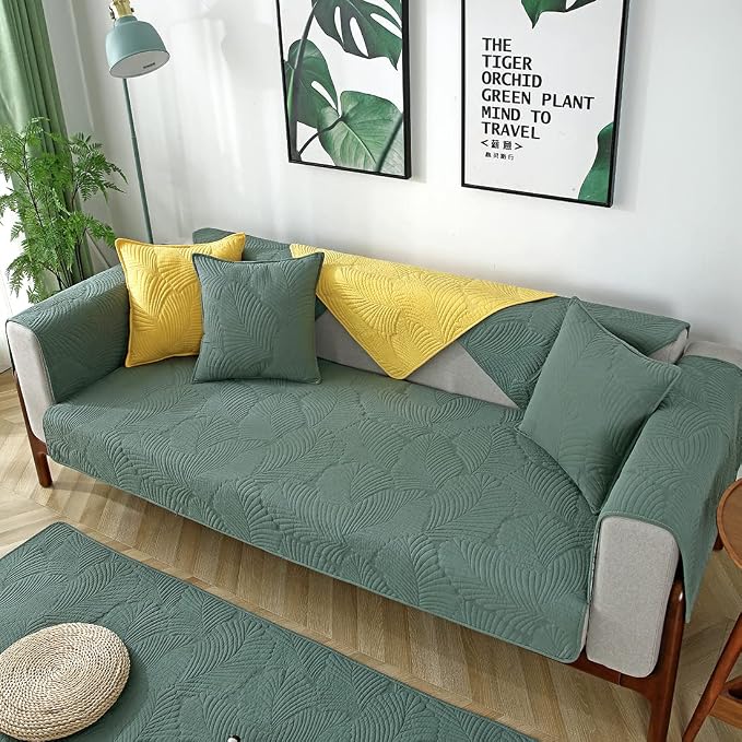 Solid Color Leaf Cotton Quilted Sofa Covers Anti-Slip Soft Sectional Couch Cover Washable Sofa Slipcover for Dogs Cats Pet (Green,28''x59'') - Image 3