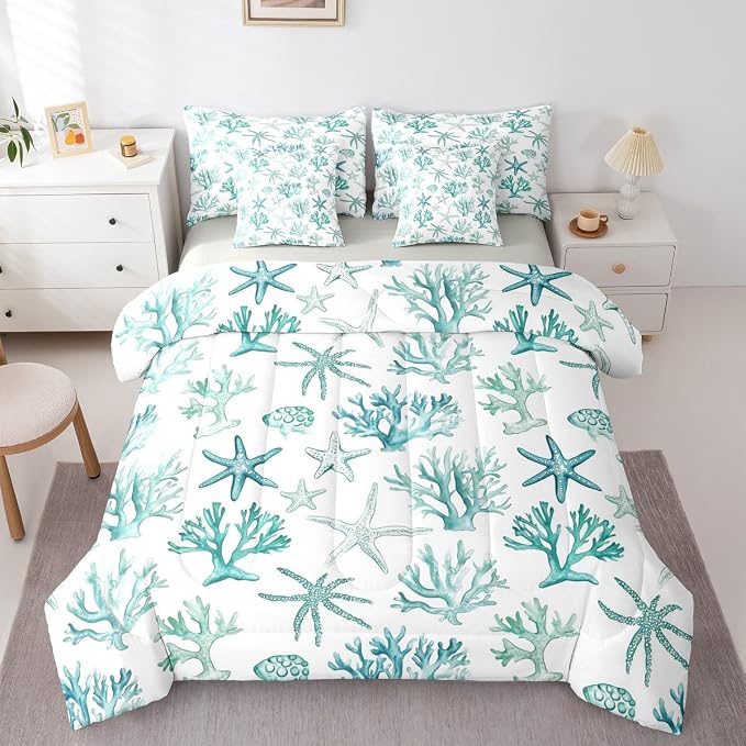 Erosebridal Shell Coral Starfish Comforter Set with Sheets, Summer Coastal King Bed in A Bag, Beach Nautical 7-Piece Bedding Set for Kids Boys Girls Teens Adults Bedroom Decor, Ocean Life Bed Sets - Image 3