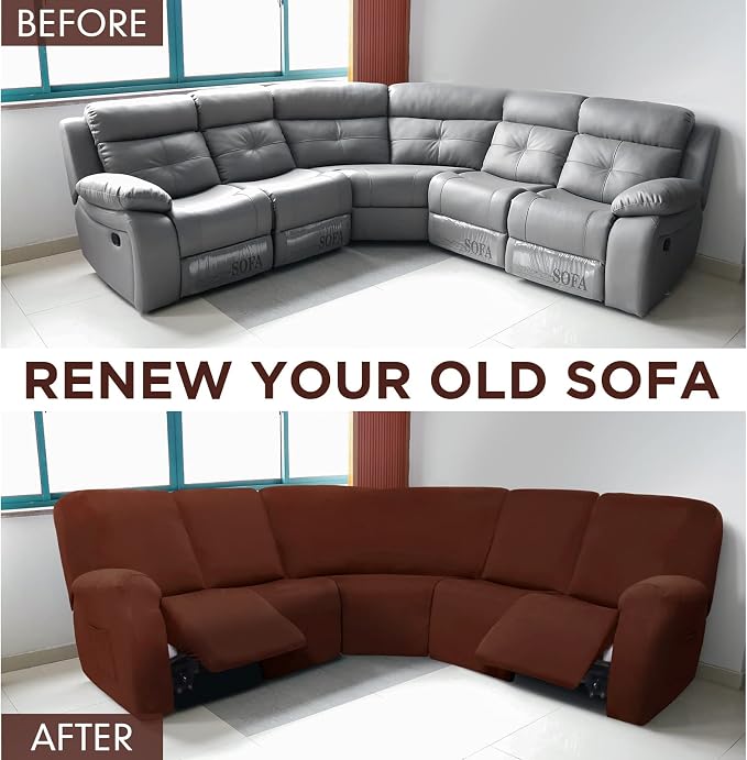Peryiter 7 Pcs L Shape Sectional Recliner Sofa Covers 5 Seat Sectional Couch Covers Milk Silk Velvet Stretch Reclining Sofa Slipcover Furniture Protector for Living Room(Coffee Brown,Milk Silk) - Image 4