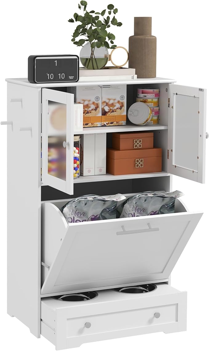 PawHut Dog Feeding Station, 2 Storage Cabinets, Elevated Dog Bowls, White | Side Hooks, Anti-tip Kit, Hidden Pet Feeder Station for Feeding & Watering by PawHut