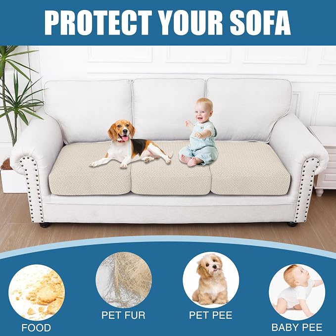 Smiry Waterproof Couch Cushion Covers, Non Slip Seat Cushion Covers | Stretch Jacquard Sectional Sofa Slipcover, Washable Elastic Furniture Protector for Pets, Kid, 3 Pieces, Apricot - Image 5