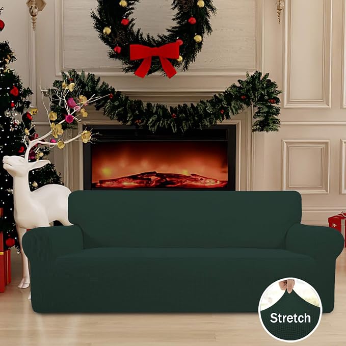 Easy-Going Stretch Couch Covers for Sofa Washable Large Dark Green | 1-Piece Sofa Covers for 3 Cushion Couch Furniture Protector Couch Slipcover Soft with Bottom for Kids Pets - Image 2