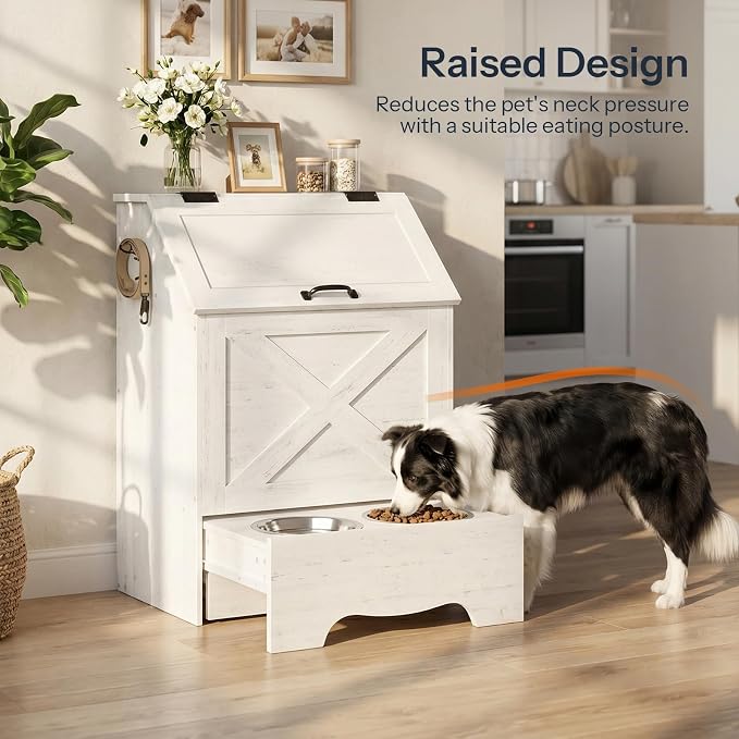 HOOBRO Dog Feeding Station with Sliding Drawer and 2 Hidden Bowls, Pet Feeding Station with Flip-Up Door, Dog Food Storage Cabinet with 2 Hooks for Living Room and Bedroom, Cloud White WT03PO03 - Image 4