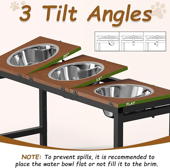 Elevated Dog Bowls Large Breed, Adjustable, 3 Bowl 12.5cup/101oz | 15"/16"/17"/18"/20" Height Fits Giant Dogs Like Great Dane, Stainless Steel Bowls , Iron Holder, Wooden Platform, Grained Oak - Image 5