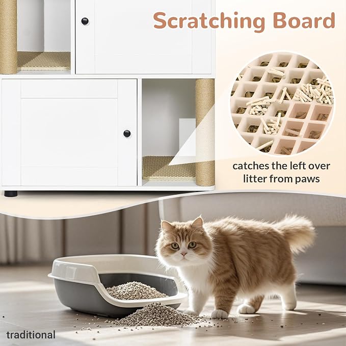 Yafylly Double Litter Box Enclosure for 2 Cats, 2-Tier Cat Litter Box Furniture with Scratching Posts & Litter Mat, Hidden Cat Litter Cabinet, Space Saving Vertical Design, Fits Most Litter Boxes - Image 3