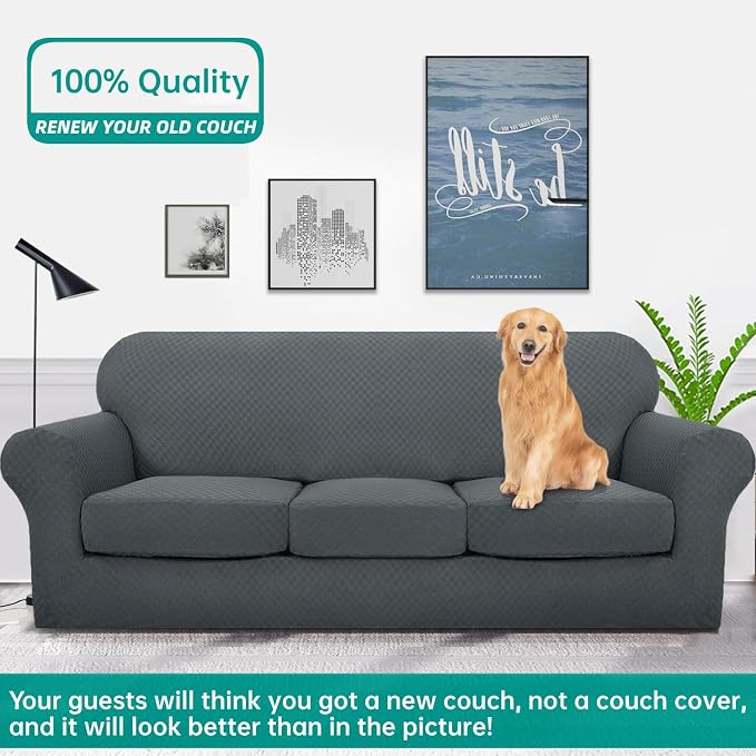 YEMYHOM Latest Checkered 4 Pieces Couch Covers for 3 Cushion Couch High Stretch Thickened Sofa Cover for Dogs Pets Elastic Slipcovers Living Room Furniture Protector (Dark Gray), 71"-91"(3 Cushions) - Image 2