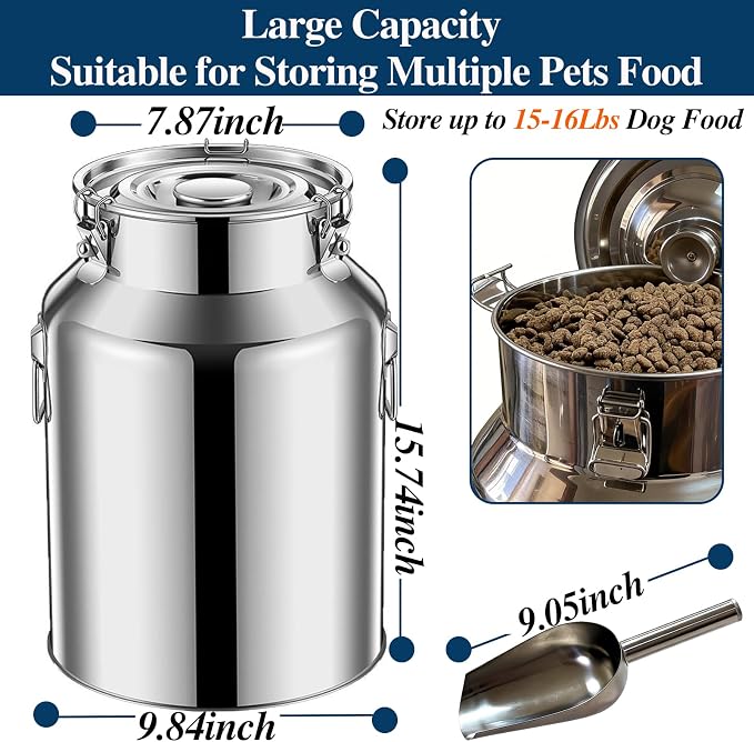 15 Lbs Stainless Steel Dog Food Storage Container with Scoop, Large Metal Dog Food Bin with Airtight Lid & Locking Clamp, Pet Food Container for Dogs & Cats, Keep Fresh, Easy to Clean - Image 2