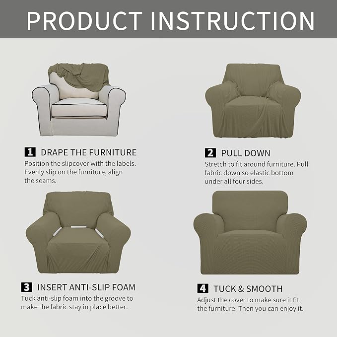 Easy-Going Stretch Oversized Chair Sofa Slipcover 1-Piece Couch Sofa Cover Furniture Protector Soft with Elastic Bottom for Kids Spandex Jacquard Fabric Small Checks Khaki | 1-Piece Large chair covers armchair Furniture Protector for Living Room chair ... - Image 6