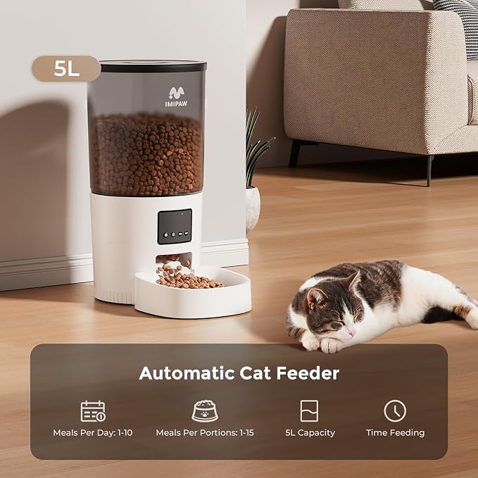 IMIPAW Automatic Cat Feeder, 5L Pet Dry Food Dispenser with Timed Programmable Portion Control, Dual Power Backup, with Desiccant Bag, 1-10 Meals, Easy Set Up, 10 Meals Per Day for Cats and Puppies - Image 5