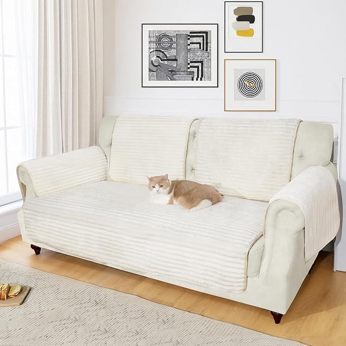 NAISI Couch Covers for Dogs Waterproof Flannel Striped Sofa Cover Pet Friendly Washable Dog Mat for Couch Anti Slip Sectional Sofa Slipcover Protector(1pc/35"x 63",Cream) - Image 4