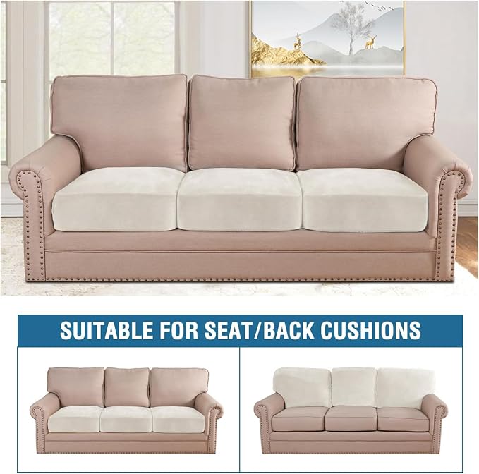 H.VERSAILTEX Velvet Stretch Couch Cushion Cover Plush Cushion Slipcover for Chair Loveseat Sofa Cushion Furniture Protector Seat Cushion Sofa Cover (3 Piece XL Sofa Cushion Covers, Porcelain White) - Image 3
