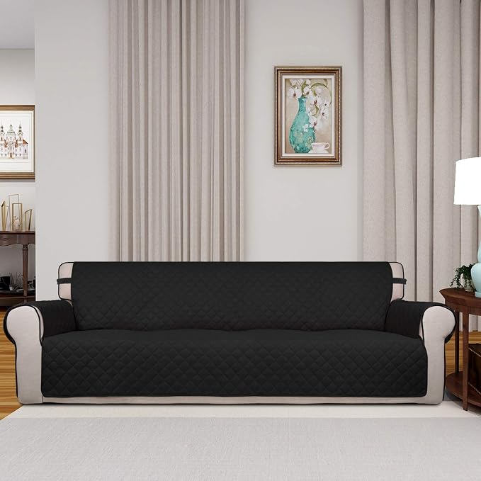 PureFit Reversible Quilted Couch Covers for Dogs Sofa Cover 4 Seater 88" | Black/Beige, Water Resistant Couch Protector, Washable Pet Couch Cover with Non Slip and Elastic Straps For Kids - Image 2