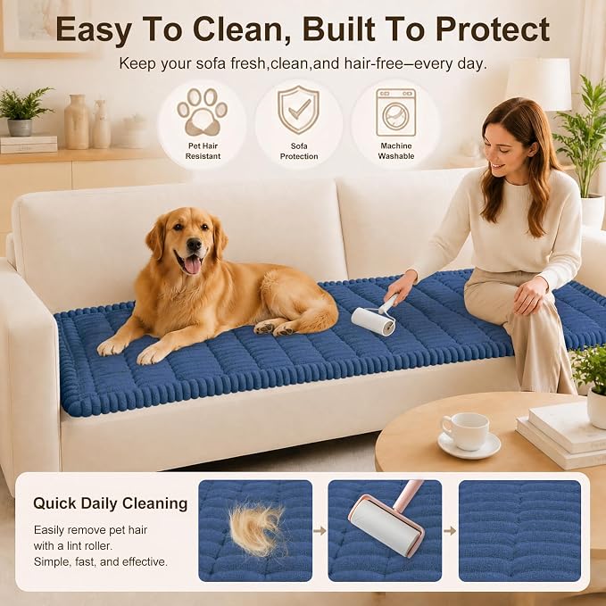 decorUhome Couch Cover for Dogs, Non Slip Fuzzy Thick Pet Sofa Protector | Pet Friendly, Machine Washable, Fits 3-Cushion Sofa, Protects Against Pet Hair & Daily Messes, Navy Blue, 27.6" x 82.7" - Image 4