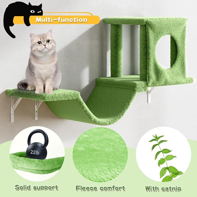 12-in-1 Cat Wall Shelves, Luxury Wall-Mounted Cat Climber Set | with Condos House, Scratching Post, Bridge Ladder, Indoor Space-Saving Furniture for Kittens, Green - Image 4
