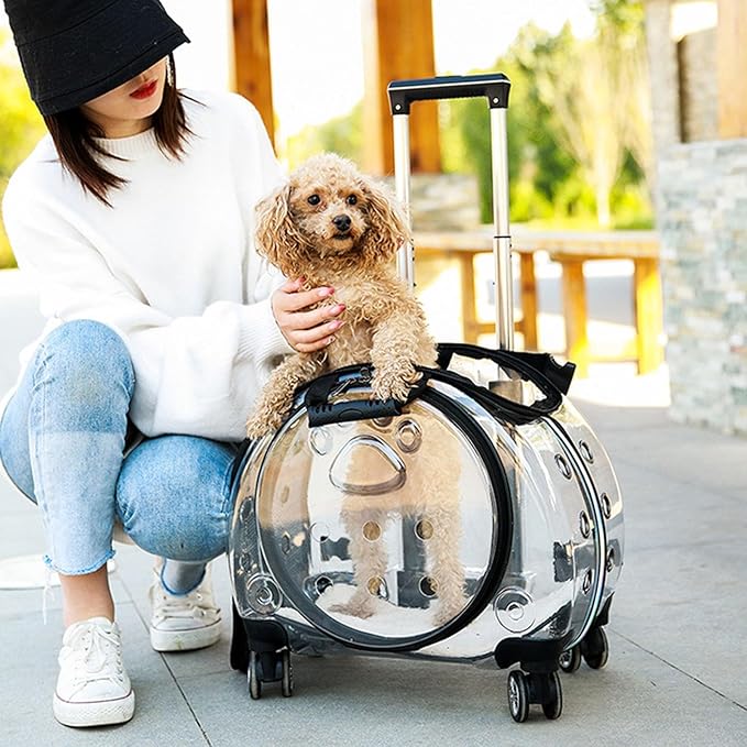 Pet Trolley Case with Upgraded Detachable Silent Wheels, Clear Ventilation Holes Cat Dog Carrier, Cat Dog Carrier with Telescopic Handle, Perfect for Traveling/Taking a Walk Black