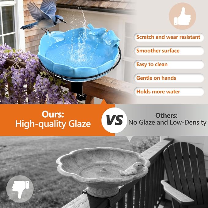 Glazed Ceramic Bird Bath for Deck Railing, 11 Inch Outdoor Deck Mounted Bird Baths Feeder Bowl with Adjustable Clamp, Easy Install Balcony Patio Birdbath for Outside Backyard Decoration, Blue - Image 8