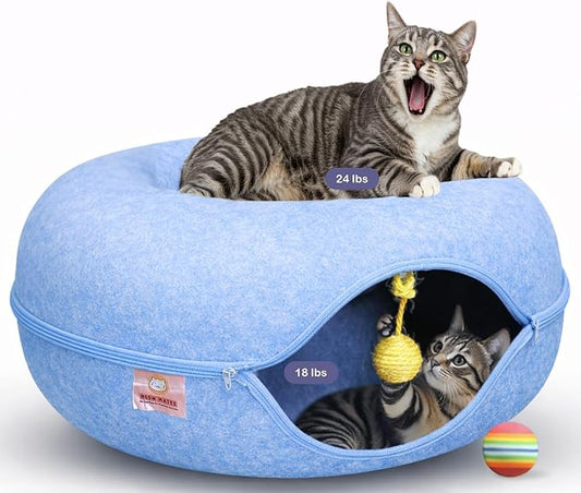 MeowMates Peekaboo Cat Cave Donut Bed for Multiple Cats Upto 45lbs, 3-in-1 Large Cat Tunnel & Donut Bed Combo w Round Tunnel Scratcher for Indoor Cats, Hanging Toy, Washable & Detachable - Grey by Unknown