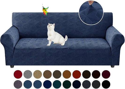 YEMYHOM 1 Piece Stretch Couch Covers for 3 Cushion Couch, Jacquard Sofa Cover with Non-Slip Elastic Bottom, Thickened Slipcover Furniture Protector for Dogs Pets (Large, Navy） by YEMYHOM