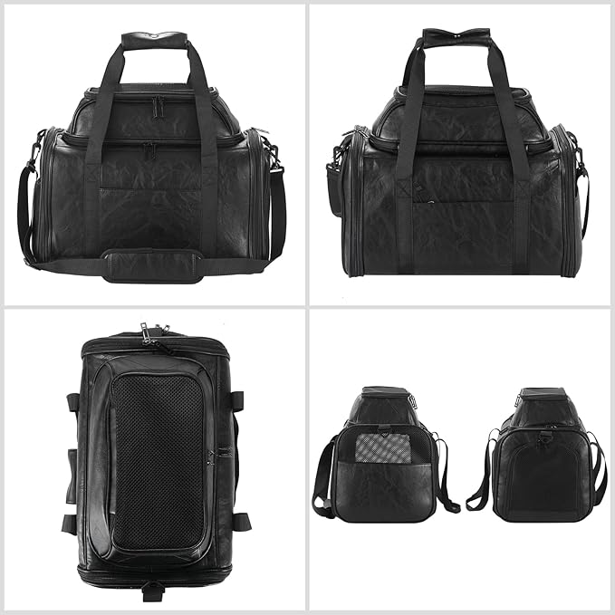 Premium Leather Top Expandable Pet Carrier for Small Dogs & Cats Under 15 lbs, Airline Approved Collapsible Soft-Sided Luxury Travel Bag Black