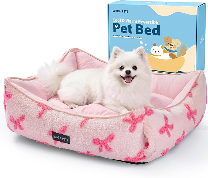 Mora Pets Reversible Pet Beds for Small Dogs Large Cat Bed Washable - Cool & Warm 2-in-1 Anti Anxiety Dog Bed for Summer, Rectangle Puppy Bed with Cute Pink Bow (25''x21''x7'') by MoraPets