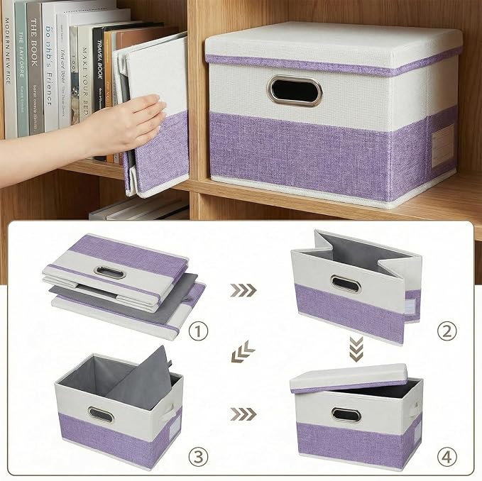 PRANDOM Storage Bins with Lids [3-Pack] Linen Fabric Foldable Storage Boxes Organizer Containers Baskets Cube with Cover for Bedroom Closet Office Purple&White（11.4X8.6X6.7 - Image 5