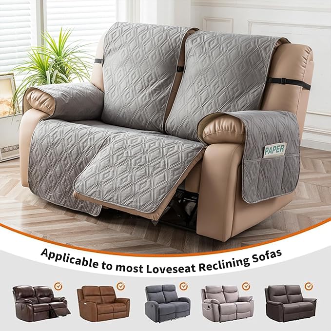 Genina Loveseat Recliner Cover Non-Slip, Sofa Cover for Reclining Couch 2 Seat, Loveseat Covers Double Recliner Furniture Protector Cover with Elastic Straps for Pets (Light Gray, Recliner Loveseat) - Image 4