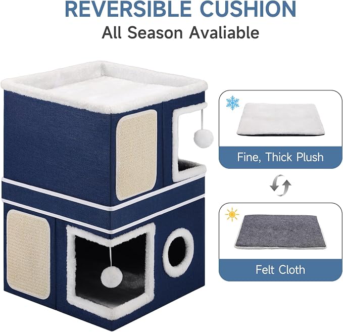 Shikha 2 Story Cat House beds for Indoor Cats with Scratch Pads Blue | 2 in 1 Dual Use Double Cat Bed Cave for Multiple Pets Kitten, Elevated Perch for a Wide View, All Season Reversible Cushion - Image 6