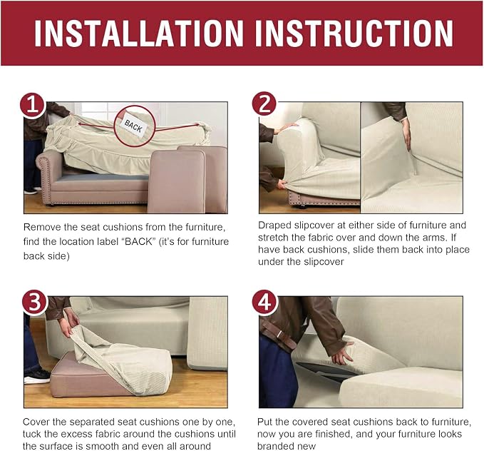 URBANLIFE 3-Piece Stretch Sofa Covers for 2 Cushion Couch, Cream | Super fitted spandex slipcovers for couches. Non-slip elastic bottom. Machine washable furniture protector for kids & pets. - Image 4