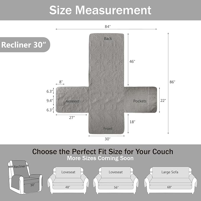 Large Gray Recliner Chair Covers, Quilted Décor Water-Repellent Lazy Boy Chair Covers, Pet Friendly Large Recliner Cover for Dogs Cats, Washable Couch Cover (Recliner 30", Cool Gray) - Image 7
