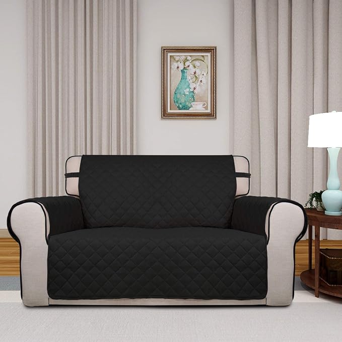 PureFit Reversible Quilted Couch Covers for Dogs Loveseat Sofa Cover 46.5” | Black/Beige, Water Resistant Couch Protector, Washable Pet Couch Cover with Non Slip and Elastic Straps For Kids - Image 2