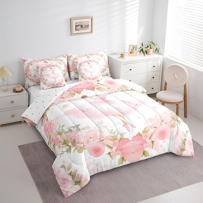 Feelyou Ballet 7 Pieces Bedding Set Queen Size Cute Ballet Comforter and Sheet Set with Dancing Girl Bed in a Bag,Pink Rose Pattern - Image 2