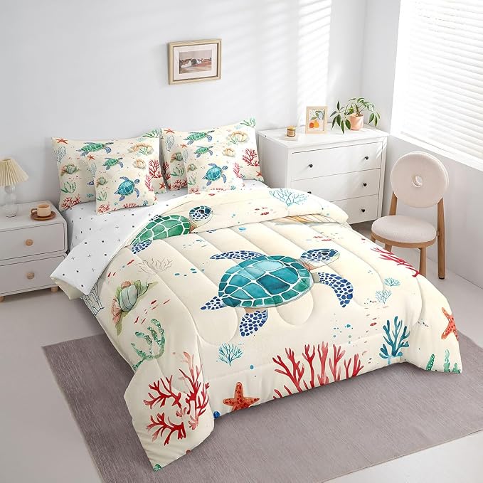 Erosebridal Cartoon Sea Turtle King Size 7-Piece Bedding Set for Kids, Ocean Life Tortoise Comforter Set with Sheets, Underwater World Sea Animal Bed in A Bag, Seashell Bedding Comforter Sets - Image 2
