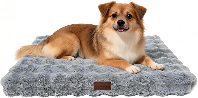 Orthopedic Dog Beds for Large Dogs, Fluffy Faux Rabbit Fur Pet Bed with Removable Washable Cover, Dog Bed Mat with Egg Crate Foam & Waterproof Lining, Anti Slip Bottom, Blue-Grey,36"x27"x3" by VhenWhen
