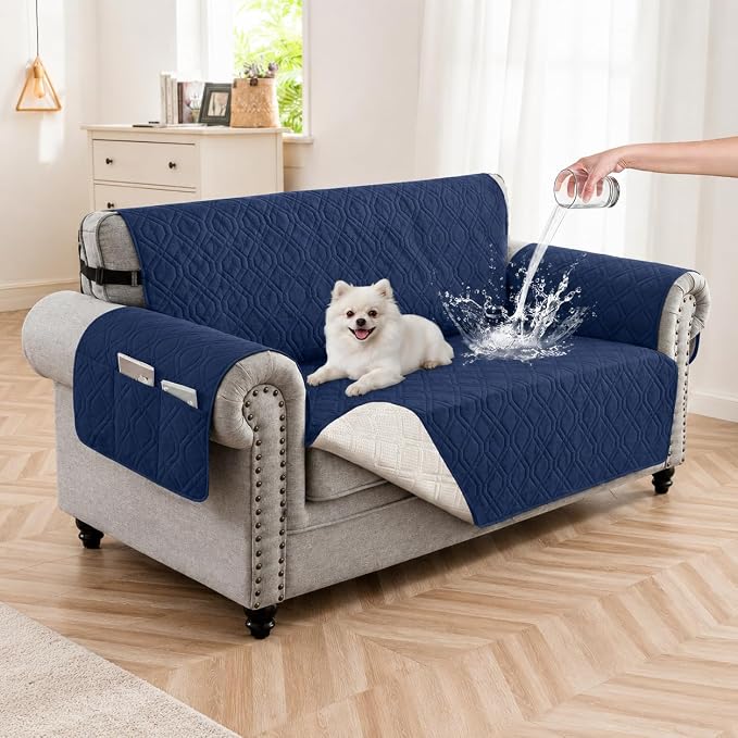 100% Waterproof Quilted Couch Cover,Straps&Pockets,46" Navyblue | Washable sofa cover, pet-friendly, scratch-resistant furniture protector, quilted sofa cover, reversible, non-slip backing. by Unknown